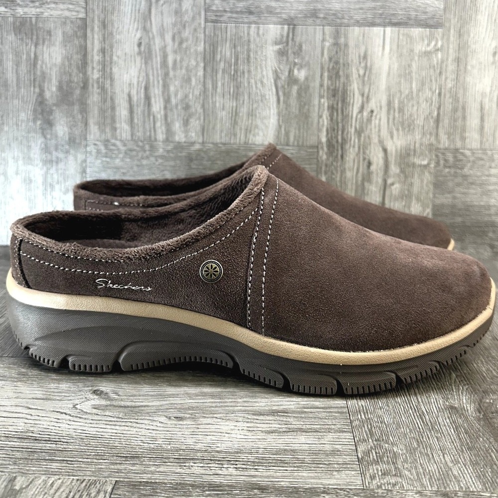 Skechers Relaxed Fit Mules Chocolate Brown Leather Faux Fur Clogs Womens 9